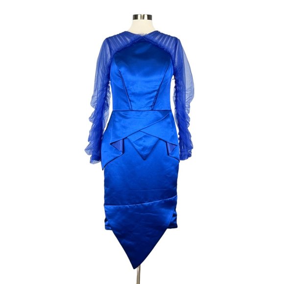 TS Couture Womens Cocktail Dress Blue Long Tulle Sleeves Sheath size Large - Picture 1 of 16